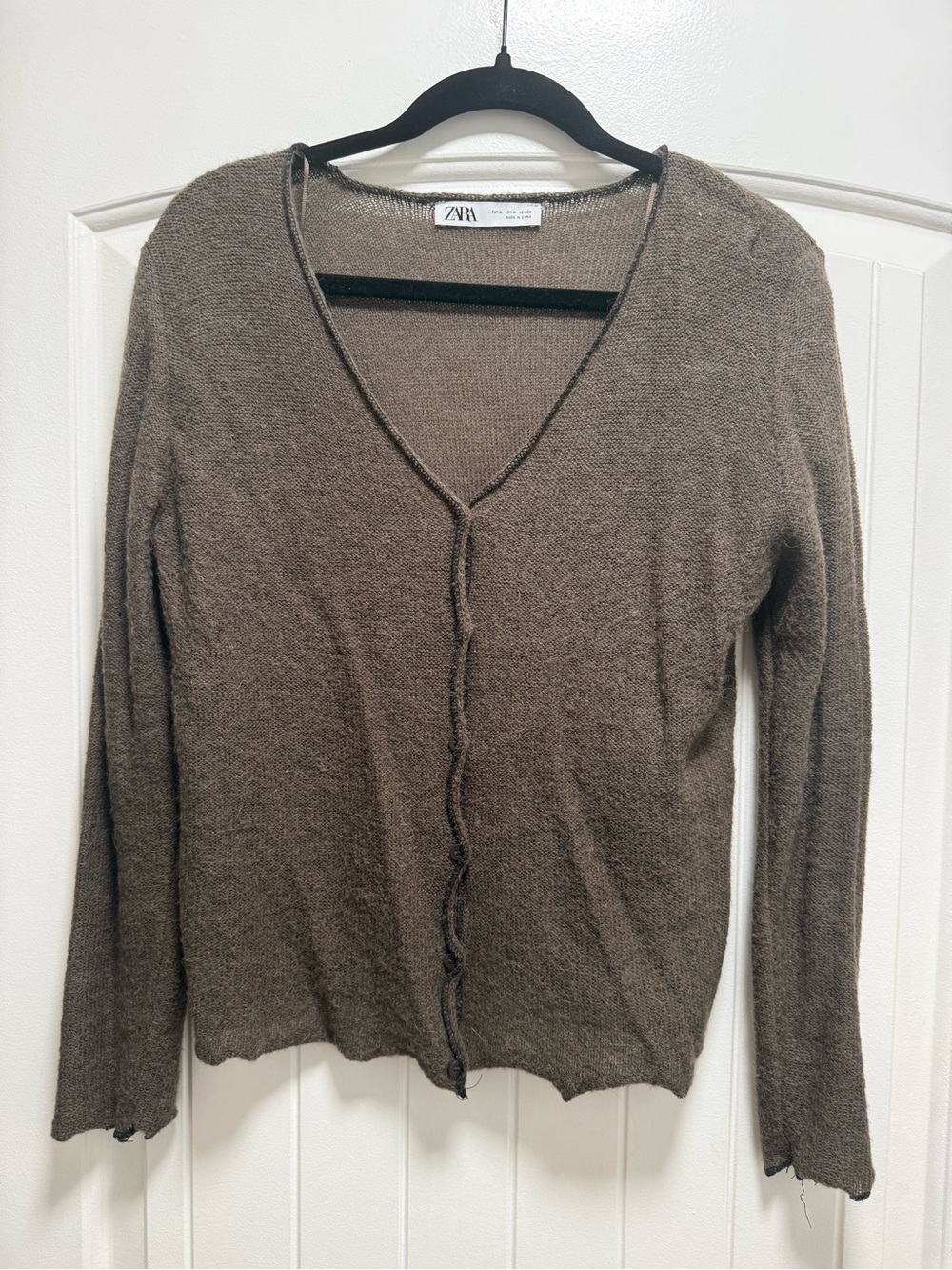 Zara Olive-Brown V-Neck Button-Front Lightweight Cardigan